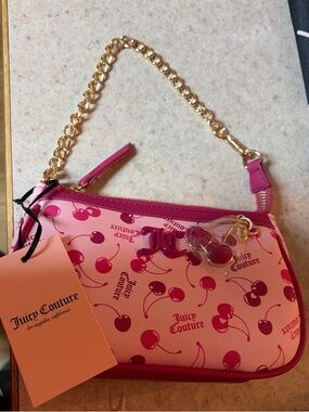 Juicy Couture Pink and Hot Pink Cherry Wristlet with Gold Chain